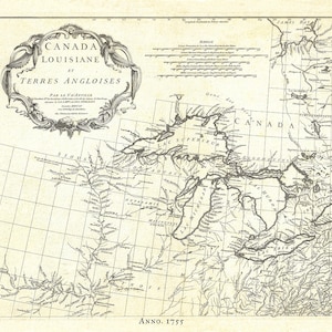 Canada, Louisiane et Terres Angloises, 1755, mappa su tela di cotone resistente, 50 x 70 cm, 20 x 25" ca.