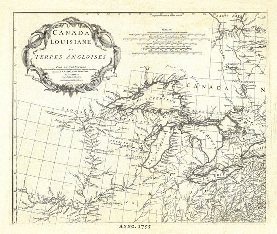 Canada, Louisiane et Terres Angloises, 1755, map on durable cotton canvas, 50 x 70 cm, 20 x 25" approx.