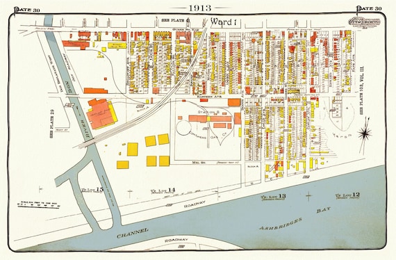 Plate 106, Toronto East, Waterfront, Leslieville, 1913, map on heavy cotton canvas, 20 x 30" or 50 x 75cm. approx.