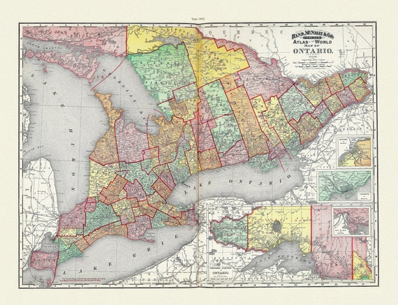 Rand, McNally & Co., Province of Ontario, 1892, map on heavy cotton canvas, 22x27" approx.