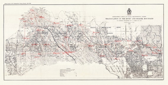 Triangulation in the Rocky and Selkirk Mountains, 1907, map on heavy cotton canvas, 50 x 70cm, 20 x 25" approx.