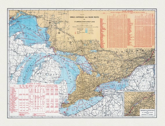 Department of the Interior, Canals, Lighthouses and sailing routes on St. Lawrence River & Great Lakes, 1915, cotton canvas, 22x27" approx.