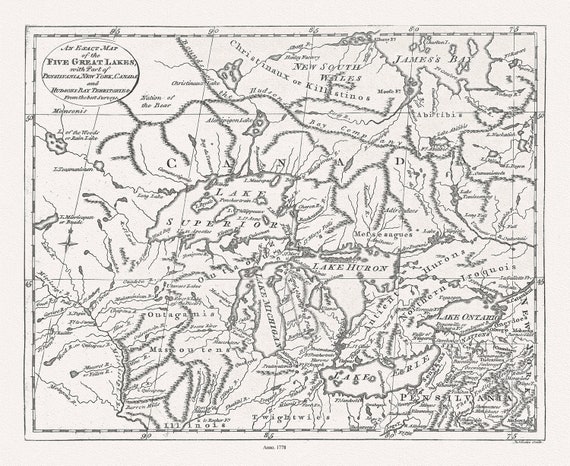 The Great Lakes, Lodge, 1778, map on durable cotton canvas, 50 x 70 cm, 20 x 25" approx.