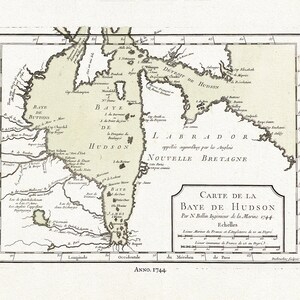 Carte de la Bye de Hudson, Bellin auth., 1744, Karte auf schwerer Baumwollleinwand, 50 x 70 cm, 20 x 25" ca.