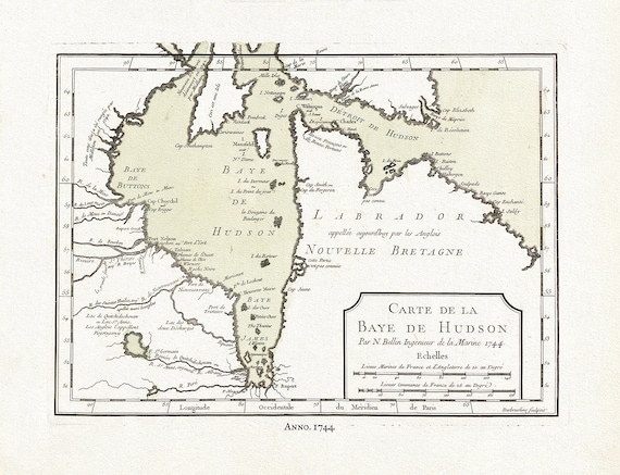 Carte de la Bye de Hudson, Bellin auth., 1744, map on heavy cotton canvas, 50 x 70 cm, 20 x 25" approx.