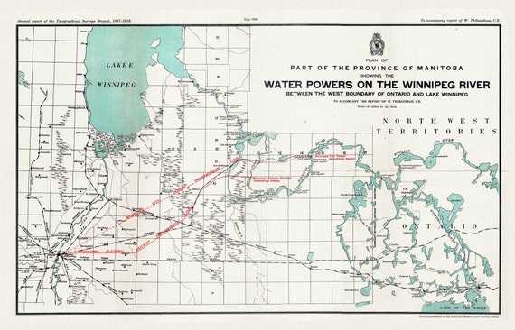 Plan of part of the province of Manitoba showing the water powers on the Winnipeg River, 1908 , map on  canvas, 50 x 70 cm, 20 x 25" approx.