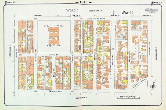 Plate 13, Toronto, Downtown East, St. James Square, 1910, map on heavy cotton canvas, 20 x 30" approx.