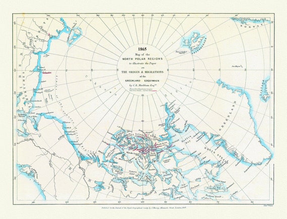 Map of the north polar regions to illustrate the origin & migrations of the Greenland Esquimaux, 1865 ,on heavy cotton canvas, 22x27"