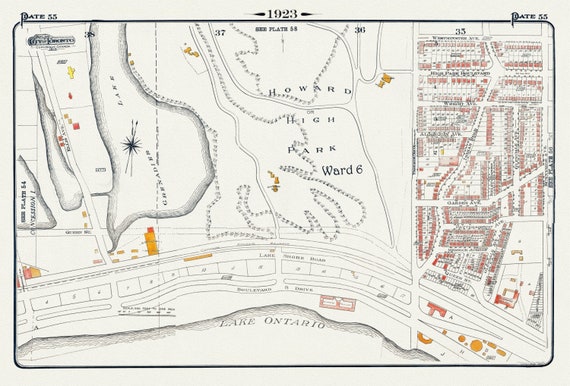 Plate 55, Toronto West, Southern High Park Area, 1923, Map on heavy cotton canvas, 18x27in. approx.