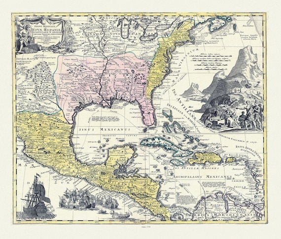 Homann, Regni Mexicani in America Septentrionali, 1759 , map on heavy cotton canvas, 25x27" approx.