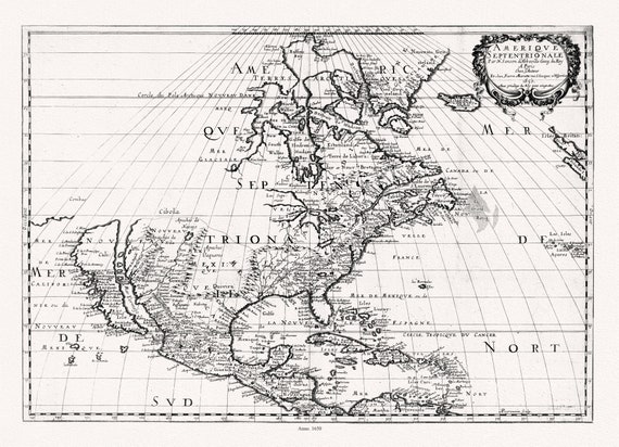 Mariette et Sanson, Amérique septentrionale, 1650 , map on heavy cotton canvas, 22x27" approx