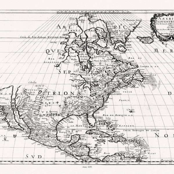 Mariette et Sanson, Amérique septentrionale, 1650 , map on heavy cotton canvas, 22x27" approx