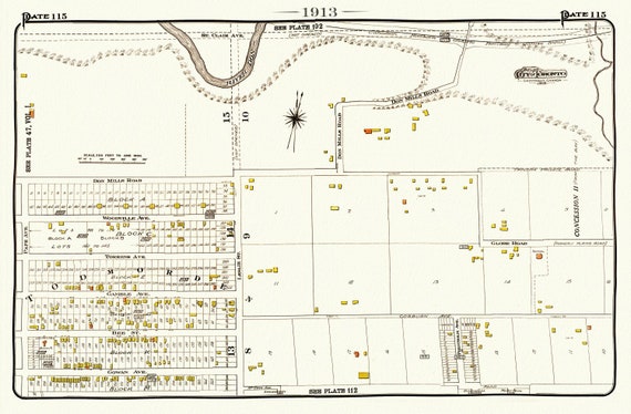 Plate 115, Toronto East, Danforth, Todmorden, 1913, map on heavy cotton canvas, 20 x 30" or 50 x 75cm. approx.