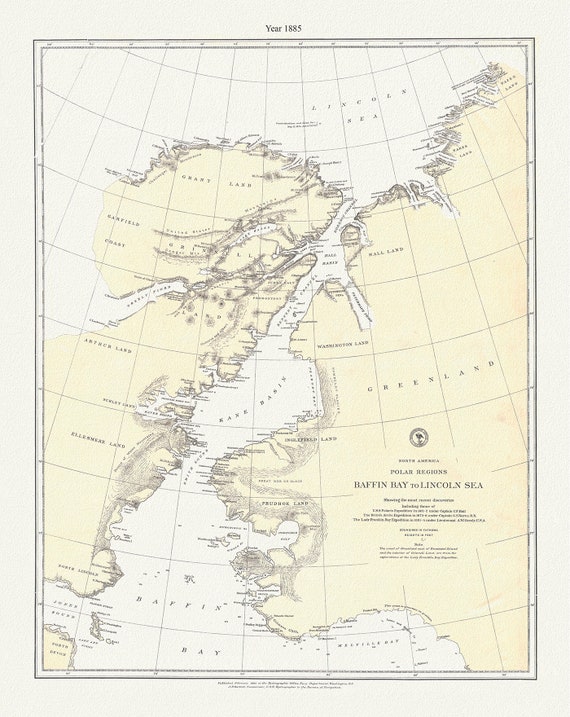 Polar Regions, Baffin Bay to Lincoln Sea, 1885 , map on durable cotton canvas, 50 x 70 cm, 20 x 25" approx.