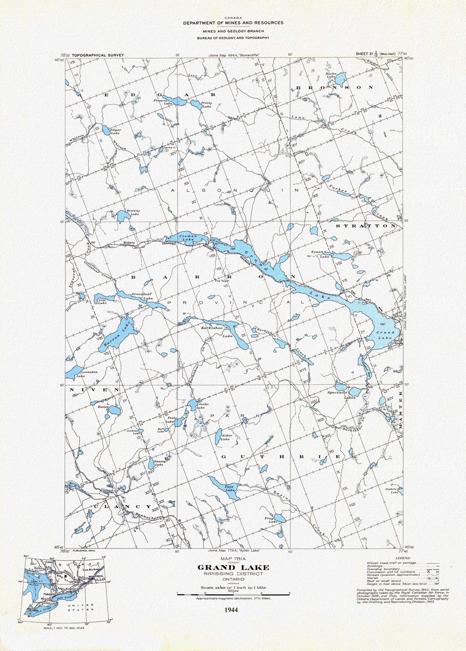 Historic Algonquin Park Map, Grand Lake, National Topographic Series