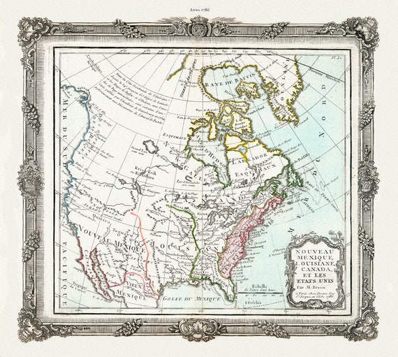 Brion de la Tour, Nouveau Mexique, Louisiane, Canada, et les Etats Unis, 1786, map on heavy cotton canvas, 22x27" approx.