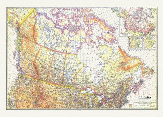 Canada , National Geographic, 1936, vintage map reprinted on durable cotton canvas, 50 x 70 cm or 20x25" approx.