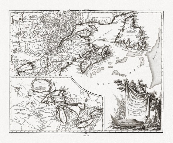 Vaugondy (Robert de, Gilles, 1688-1766), Nouvelle France ou le Canada, 1755 , map on heavy cotton canvas, 22x27" approx.