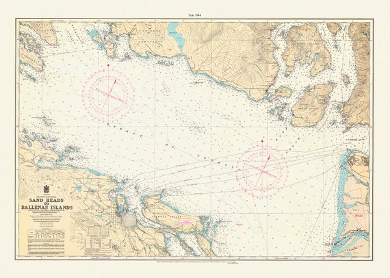 Vancouver Island, Sand Heads to Ballenas Islands, 1944, map on heavy cotton canvas, 45 x 65 cm, 18 x 24" approx.