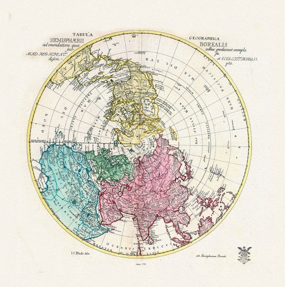 Euler, Sauerbrey et Rhode, Tabula Geographica Hemisphaerii Borealis, 1753, Map printed on to heavy cotton canvas, 22x27in. approx.