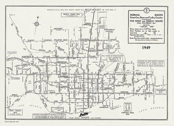 Toronto Bus Routes, 1949 , map on heavy cotton canvas, 22x27" approx.