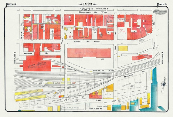 Plate 3, Toronto Downtown Waterfront, Union Station, 1923, Map on heavy cotton canvas, 22x27in. approx.