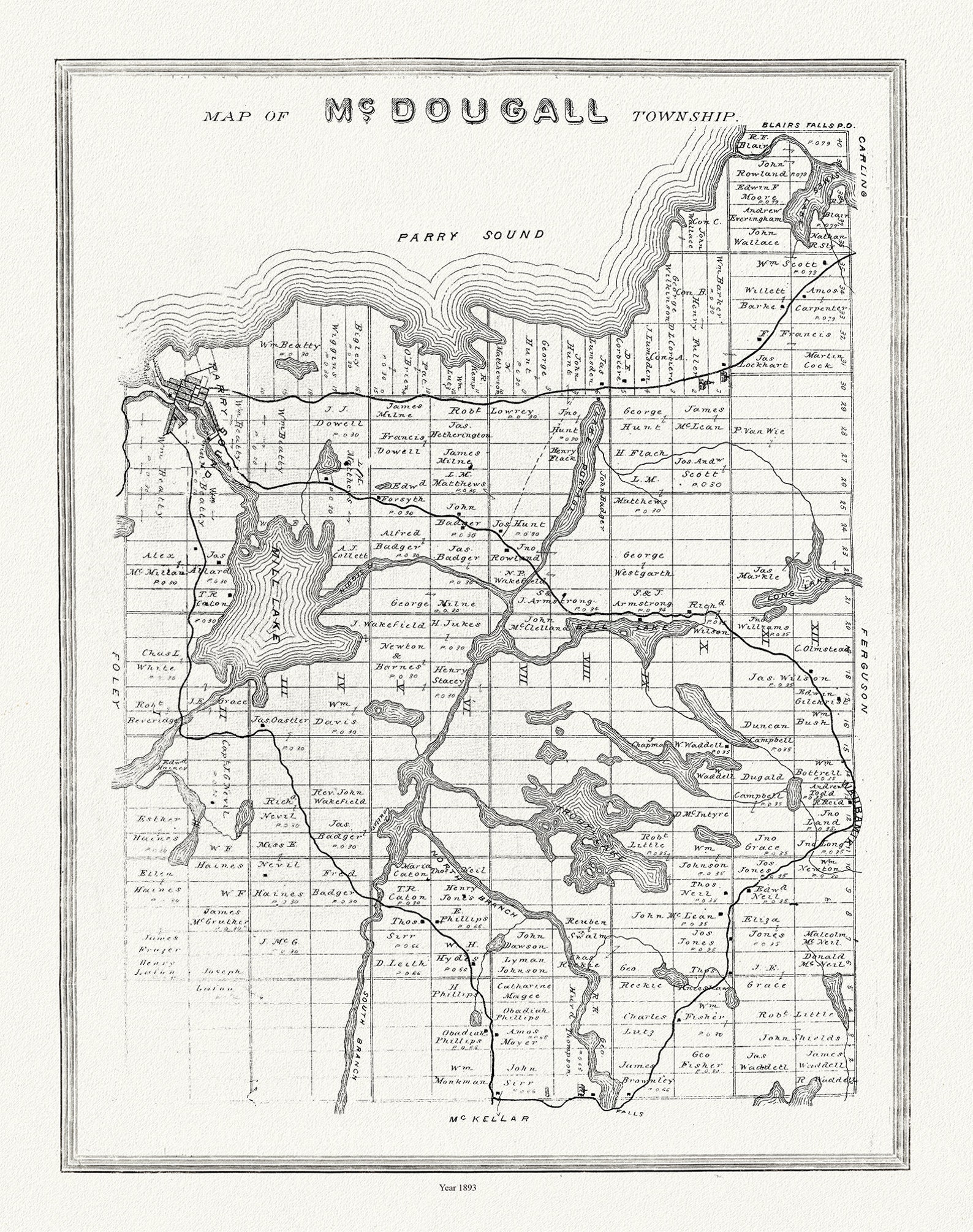 Muskokahaliburton, Mcdougall Township, 1893, Map on Heavy Cotton