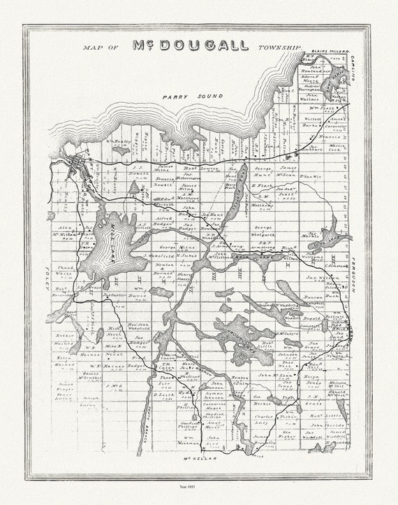 Muskoka-Haliburton, McDougall Township, 1893, map on heavy cotton canvas, 20 x 25" approx.