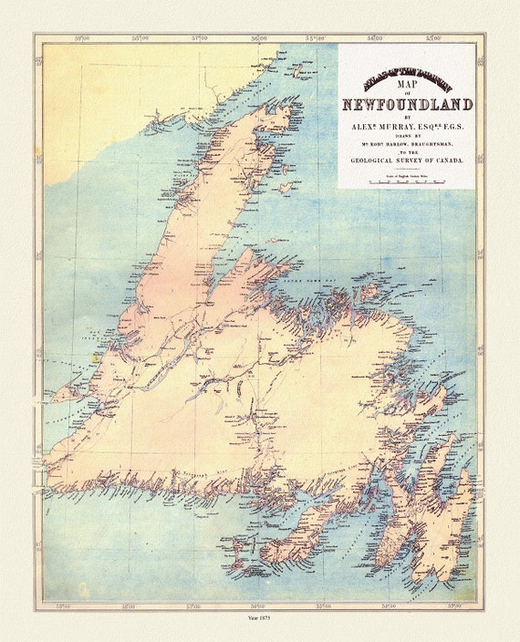 Atlas of the Dominion map of Newfoundland, Murray auth., 1875, map on heavy cotton canvas, 50 x 70 cm, 20 x 25" approx.