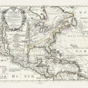 L’Amerique Septentrionale, ou la Partie Septentrionale des Indes Occidentales, 1689, Nolin auth. , carte sur toile, 20 x 25 » env.