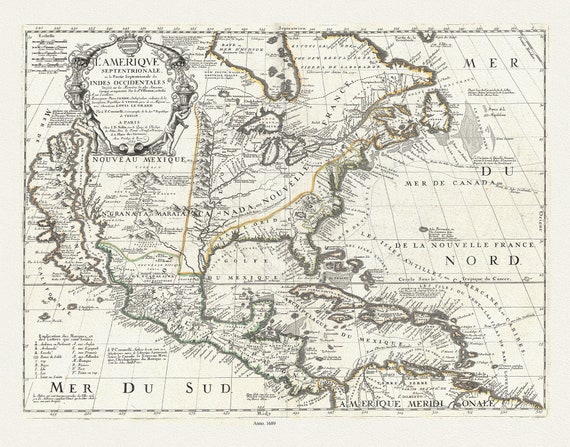 L'Amerique Septentrionale, ou la Partie Septentrionale des Indes Occidentales, 1689, Nolin auth. , map on canvas, 20 x 25" approx.