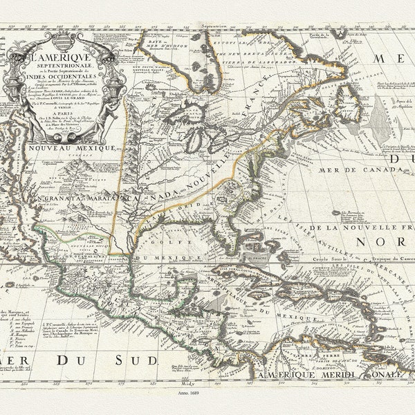 L'Amerique Septentrionale, ou la Partie Septentrionale des Indes Occidentales, 1689, Nolin auth. , map on canvas, 20 x 25" approx.