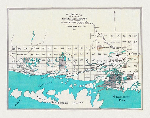 North shore of Lake Huron compiled from map issued by the Dept. of Crown Lands and from rangers' maps,1888,  50 x 70 cm or 20x25" approx.