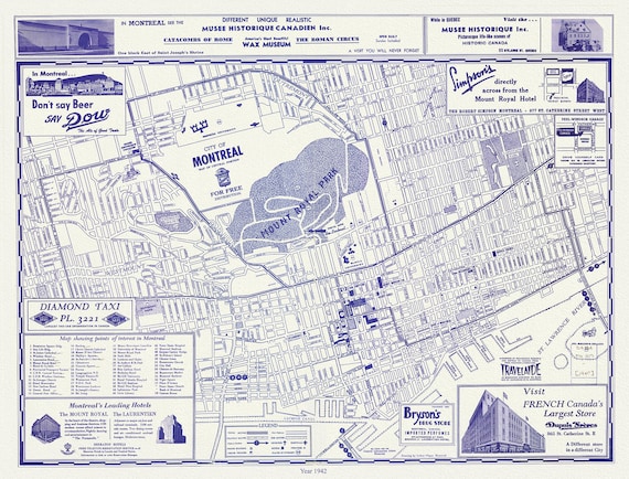 Montreal, a base Map, 1942 reprinted on durable cotton canvas, 50 x 70 cm, 20 x 25" approx.