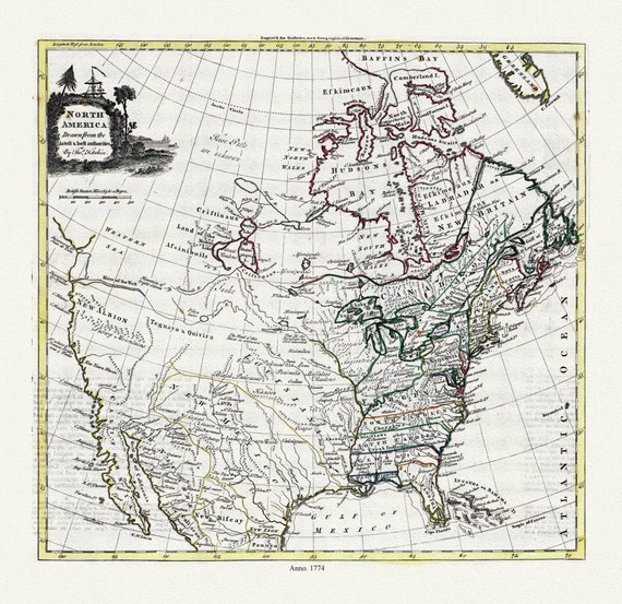 Guthrie et Kitchin, North America, 1774 , map on heavy cotton canvas, 22x27" approx.