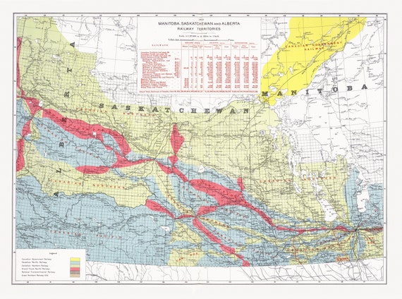 Canada Department of the Interior, Manitoba, Saskatchewan and Alberta railway territories, 1915, map on heavy cotton canvas, 22x27" approx.