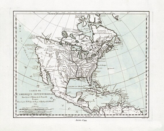 Carte de L'Amerique Septentrionale, 1744 Ver. II, map on heavy cotton canvas, 22x27" approx.