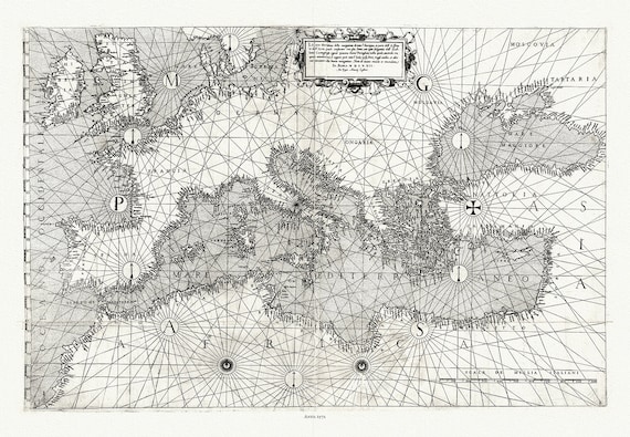 Giacomo Gastaldi, Europe & Mediterranean, 1572 , map on heavy cotton canvas, 22x27" approx.