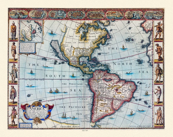 Goos-America with those known parts in that unknowne worlde both people, 1627, map on durable cotton canvas, 50 x 70 cm, 20 x 25" approx.