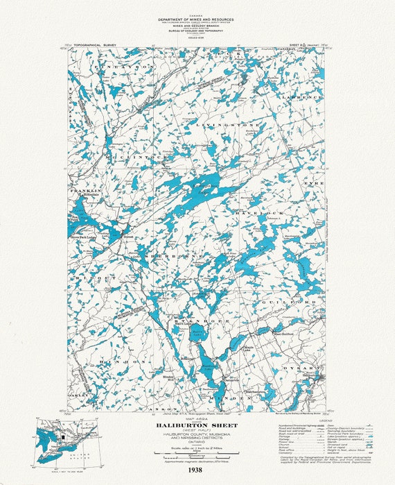 Historic Algonquin Park Map  Haliburton West, National Topographic Series, 1938, map on heavy cotton canvas, 20x27" approx.