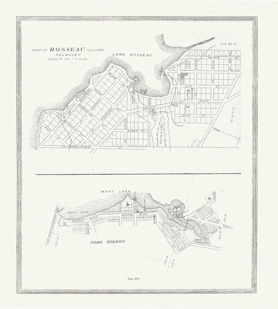 Muskoka-Haliburton, Rosseau Village & Port Sydney, 1893, map on heavy cotton canvas, 20 x 25" approx.