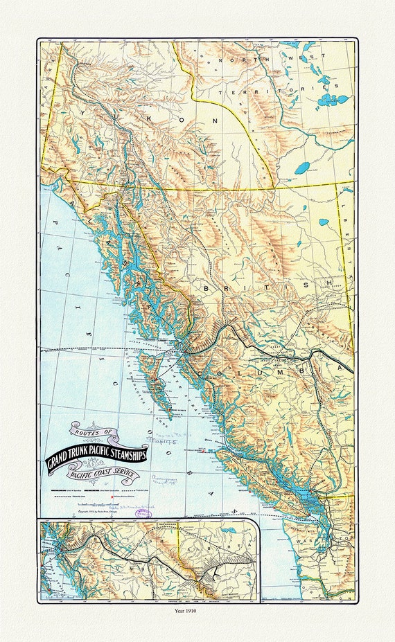 Routes of Grand Trunk Pacific Steamships Pacific coast service, Poole Bros. auths., 1910, map on durable cotton canvas, 20 x 25" approx.