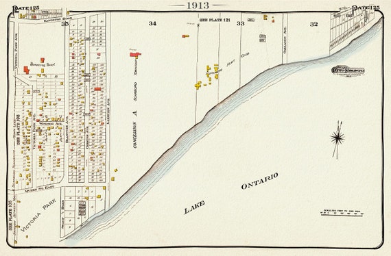 Plate 125, Toronto East, Scarborough, Victoria Park, 1913, map on heavy cotton canvas, 20 x 30" or 50 x 75cm. approx.