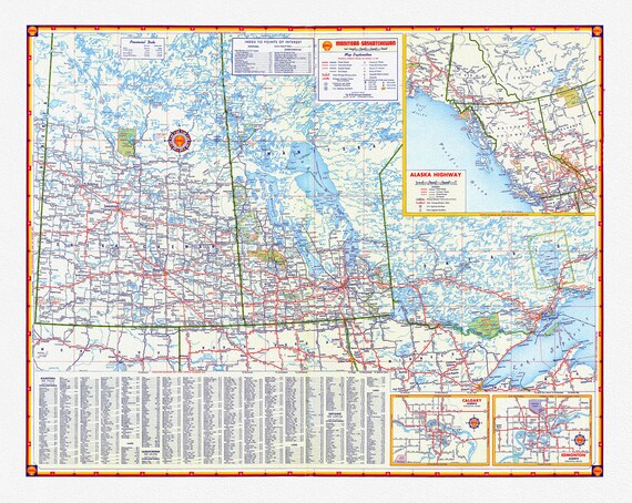 Shell Oil Company-Manitoba, Saskatchewan, Alaska Highway,  Calgary,  Edmonton, 1956, map on heavy cotton canvas, 22x27" approx.