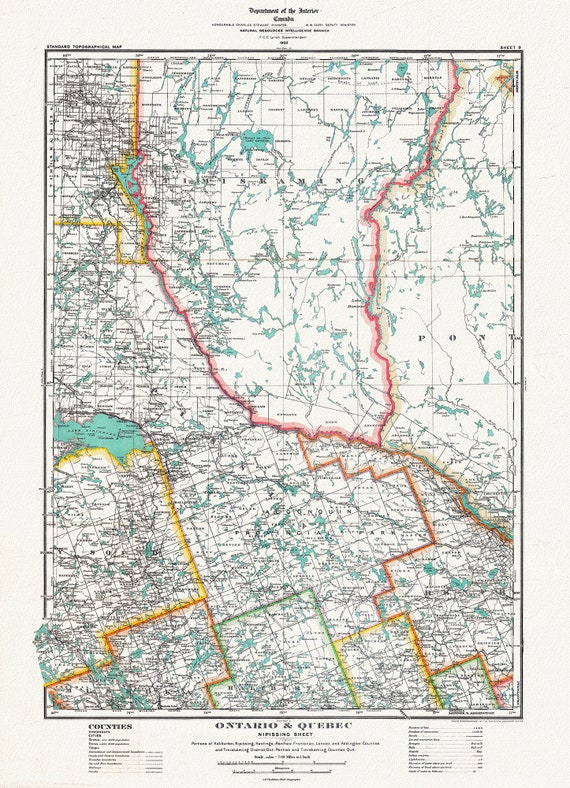 Historic Algonquin Park Map, Nipissing District, 1922, map on heavy cotton canvas, 20 x 30" or 50 x 75cm. approx.