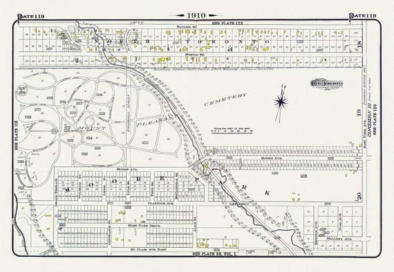 Plate 119, Toronto Uptown, Moore Park & Mount Pleasant, 1910, map on heavy cotton canvas, 20 x 30" approx.