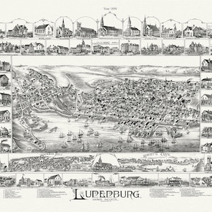 Lunenburg, Nova Scotia, A Bird's Eye View, 1890, Landkarte auf strapazierfähiger Baumwollleinwand, 50 x 70 cm, 20 x 25" ca.