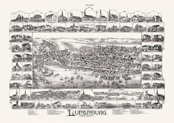 Lunenburg, Nova Scotia, A Bird's Eye View, 1890 , map on durable cotton canvas, 50 x 70 cm, 20 x 25" approx.