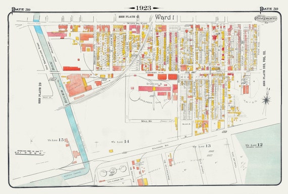 Plate 30, Toronto East, Waterfront, Riverdale South, 1923, Map on heavy cotton canvas, 18x27in. approx.