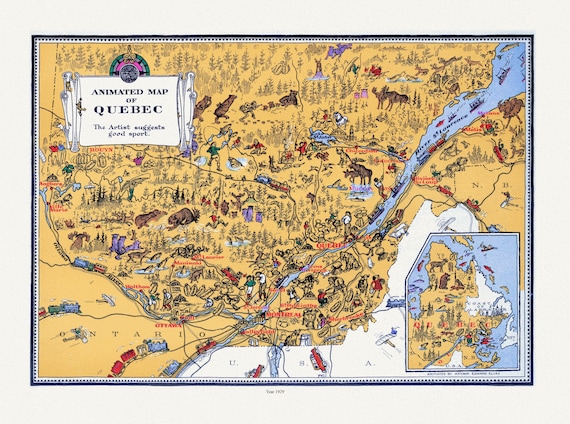 An Animated Map of Quebec, 1929, On heavy durable cotton canvas, 22x27" approx.